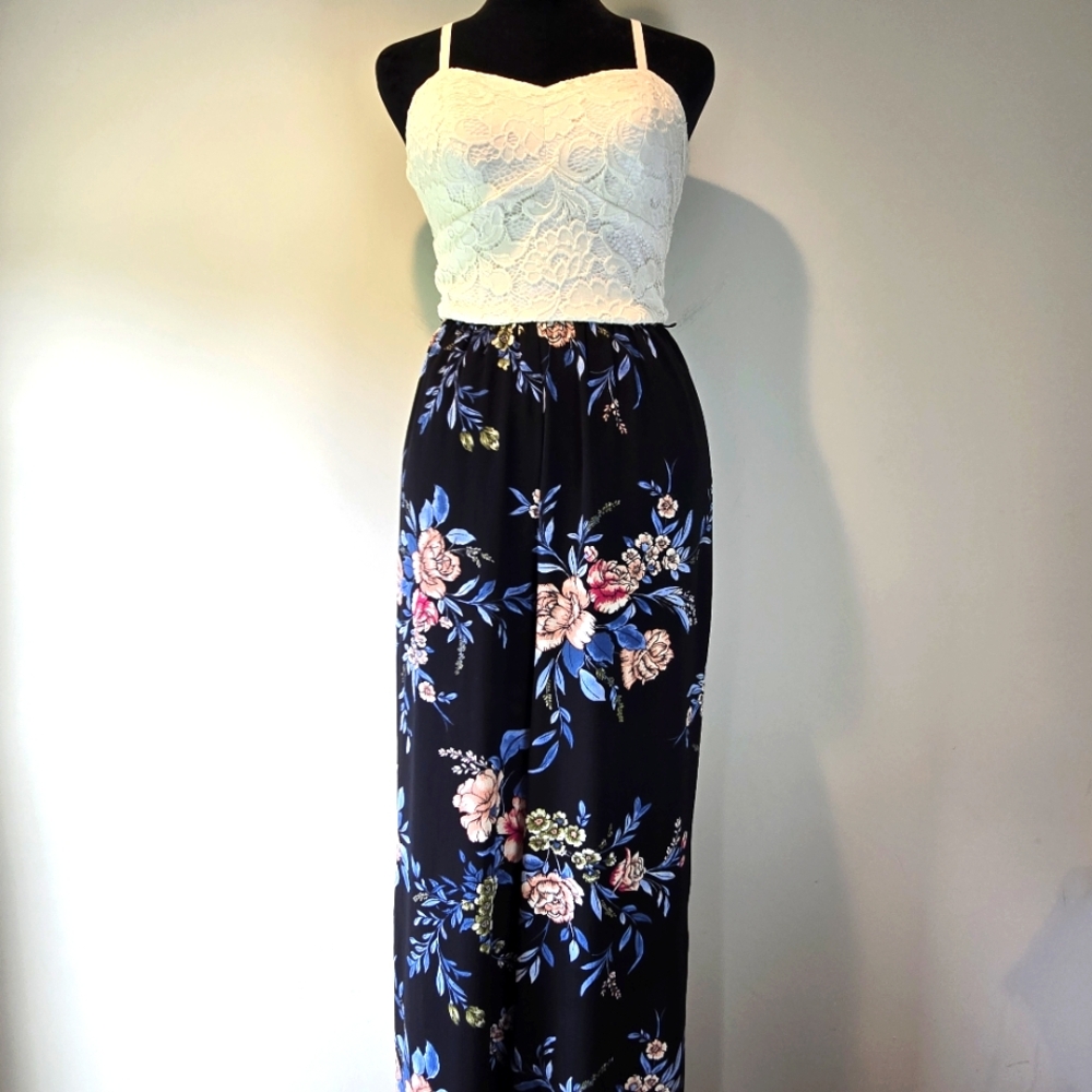 Candies Jumpsuit Women's Lace Halter Top Wide Leg Floral Pants 1 Piece Romper XS